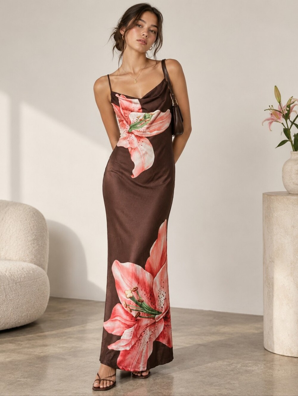 NWT Palm & Flower Floral Maxi Dress Size XS Cowl Neck Lily Print